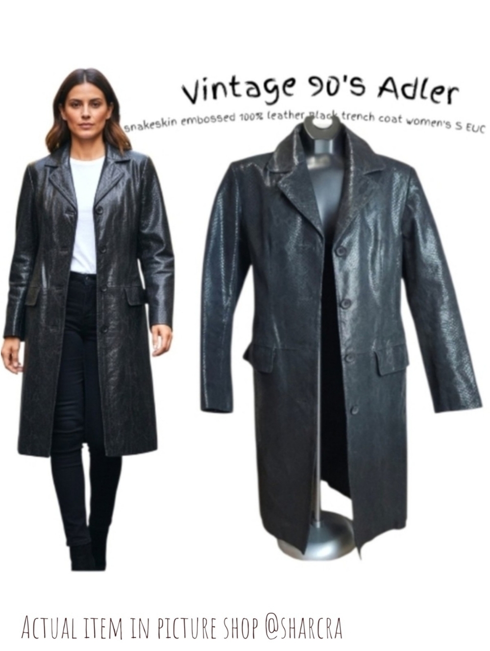 Vintage Adler 90's Women's snakeskin embossed 100% leather Black trench coat S
